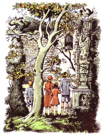 The Pevensies face the ruins of Cair Paravel. (Pauline Baynes’ illustration)