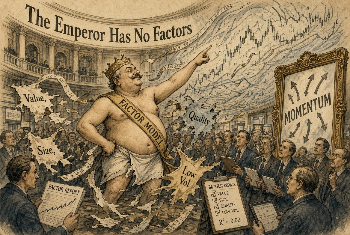 A nearly unclothed emperor wears a Factor Model sash while value, size, quality, and low-volatility scraps float around him and a mirror is labeled Momentum.