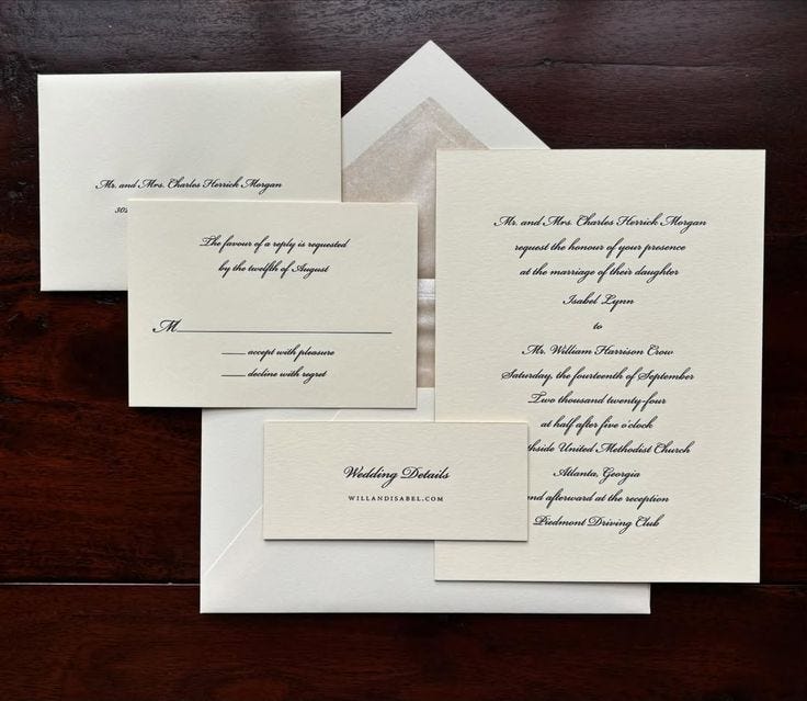 This may contain: the wedding stationery is laid out on top of each other