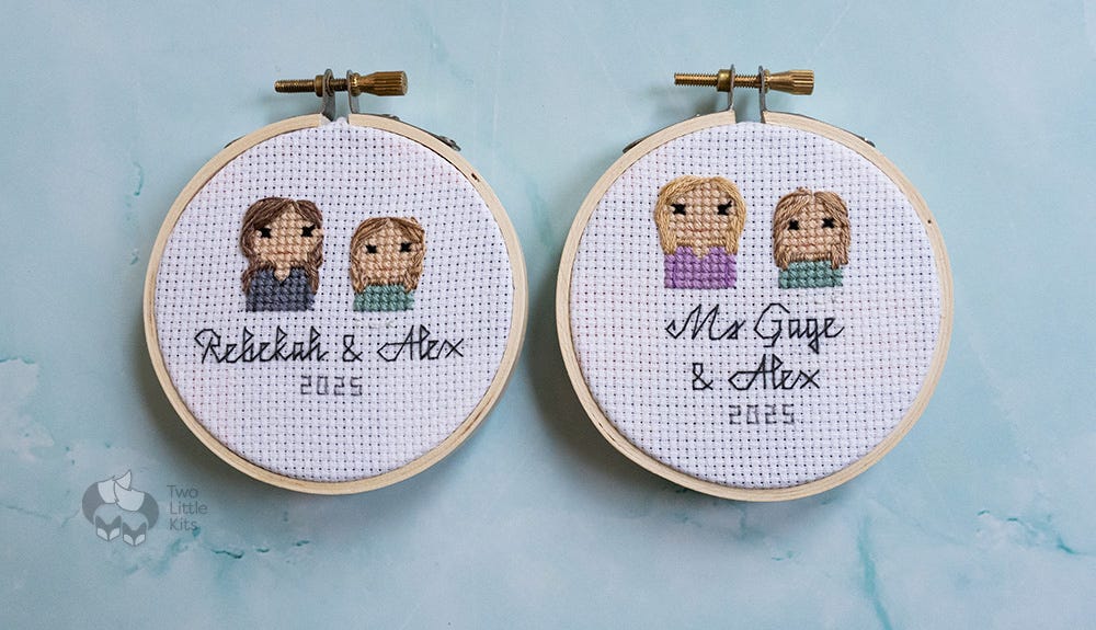 Two stitch people portraits, both depicting the busts of two characters each. The one on the left reads "Rebekah &amp; Alex, 2025" and has an adult with long, wavy brown hair wearing a grey v-neck top and a child with shorter, blonde hair wearing a green top. The piece on the right reads "Ms Gage &amp; Alex, 2025" and shows an adult woman with shoulder-length light blonde hair wearing a mauve-coloured top and a similar looking child (as the first piece), implying it's the same person in each piece. Both pieces are framed in a 3 inch embroidery hoop and stitched on white Aida fabric.