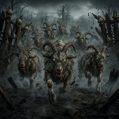 Nine cursed giant goats of Berez charging through a collapsing wooden pen — eyes glowing sickly green, horns twisted like brambles, flesh mottled and stitched, hooves cracking the swamp earth, fog swirling around them, skull-topped fence breaking apart
