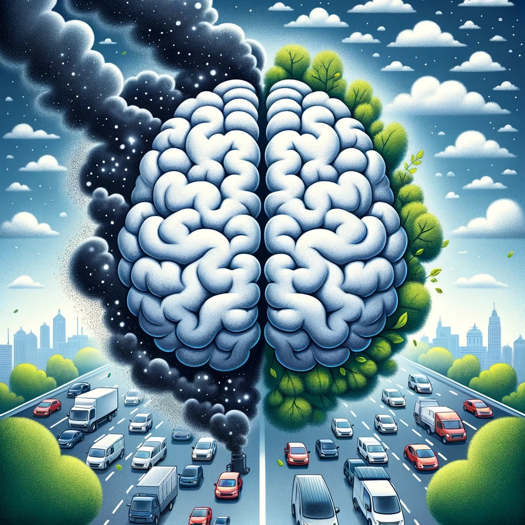 An illustration that visually represents the connection between traffic pollution (fine particulate matter, PM2.5) and Alzheimer's disease pathology, without using any text or numbers. The image features two halves: on one side, a brain under stress, depicted with dark, polluted clouds surrounding it, symbolizing the negative impact of PM2.5 exposure. On the other side, a brain in a cleaner environment, surrounded by fresh, clean air and greenery, representing the protective effect against Alzheimer's disease. The contrast between the two halves highlights the study's findings on air quality and its importance for brain health.