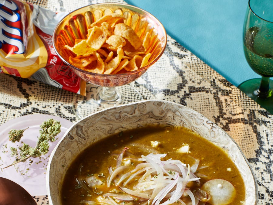 Roasted Tomatillo & Poblano Soup with Shredded Chicken