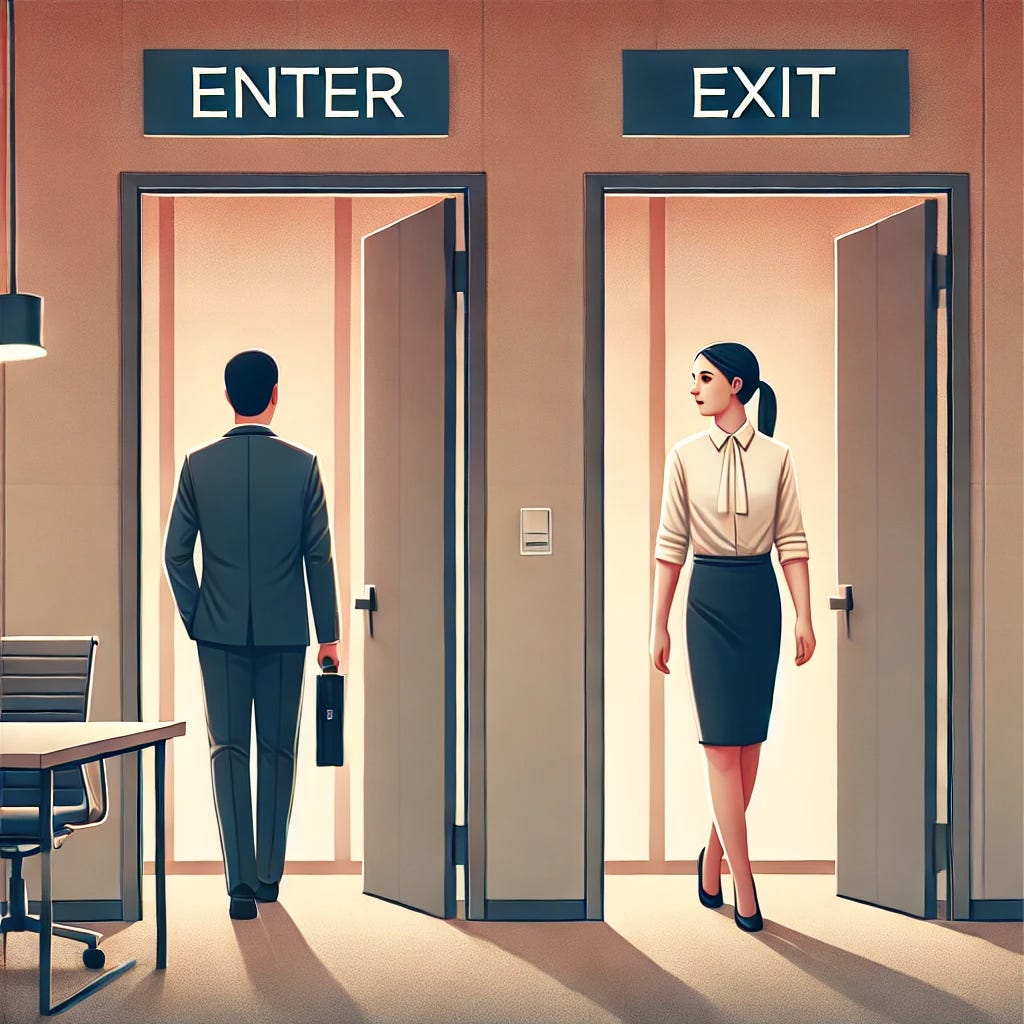 An illustration of two doors on a single wall in a corporate office setting, one labeled 'Enter' with a male executive walking in, and the other labeled 'Exit' with a female executive facing forward, looking towards the viewer as she exits. The female executive is depicted in professional attire, symbolizing her role as a CEO. The background is a modern, professional office environment with subtle colors, emphasizing the contrast and movement between the executives and capturing the idea of corporate turnover and transition.