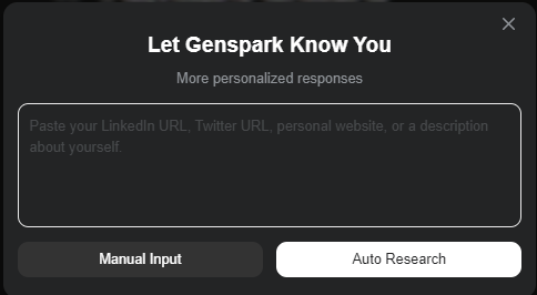 "Let Genspark Know You" customization box "Let Genspark Know You" customization box