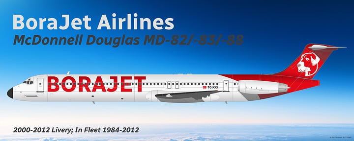 BoraJet McDonnell Douglas MD-82/83/88 in (L) 1984-2000 livery and (R) 2000-2012 livery, both shown in side view while in midflight.