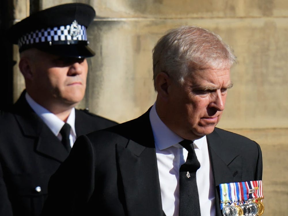 Prince Andrew leaves St. Giles Cathedral after the arrival of the coffin containing the remains of his mother Queen Elizabeth in Edinburgh, Scotland, on September 12, 2022. (AP) Prince Andrew leaves St. Giles Cathedral after the arrival of the coffin containing the remains of his mother Queen Elizabeth in Edinburgh, Scotland, on September 12, 2022. (AP)