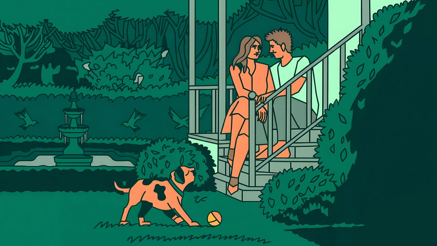 Couple talking and pet playing