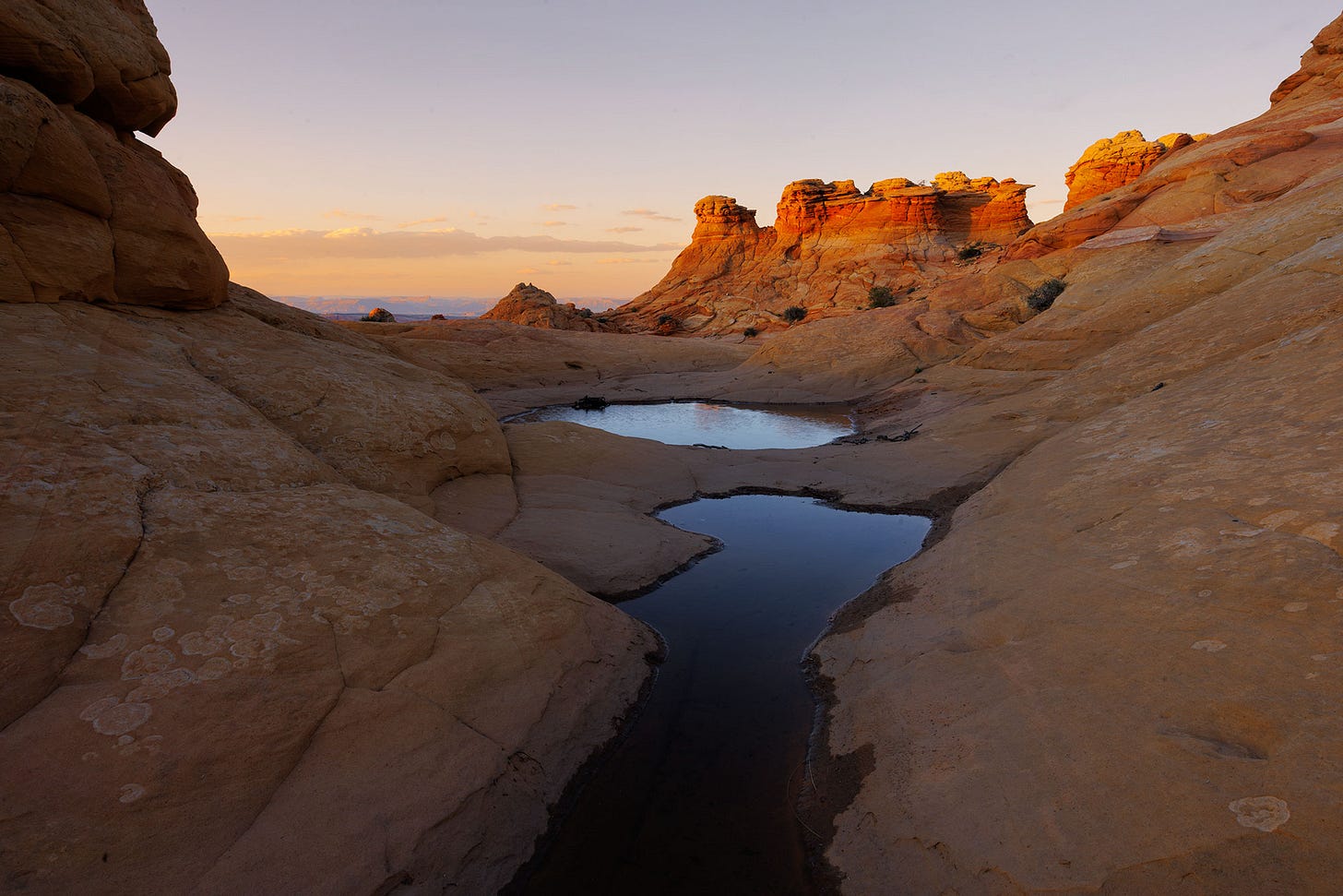 Shallow pools of rainwater collect in smooth, sculpted sandstone basins at South Coyote Buttes, reflecting the soft glow of twilight. In the distance, orange and red rock formations rise dramatically, lit by the last warm rays of the setting sun. The landscape is rugged and surreal, with rolling stone surfaces and desert textures stretching to the horizon. Shallow pools of rainwater collect in smooth, sculpted sandstone basins at South Coyote Buttes, reflecting the soft glow of twilight. In the distance, orange and red rock formations rise dramatically, lit by the last warm rays of the setting sun. The landscape is rugged and surreal, with rolling stone surfaces and desert textures stretching to the horizon.