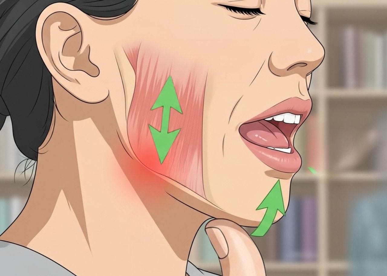 Thumb placed under chin providing resistance during jaw opening exercise