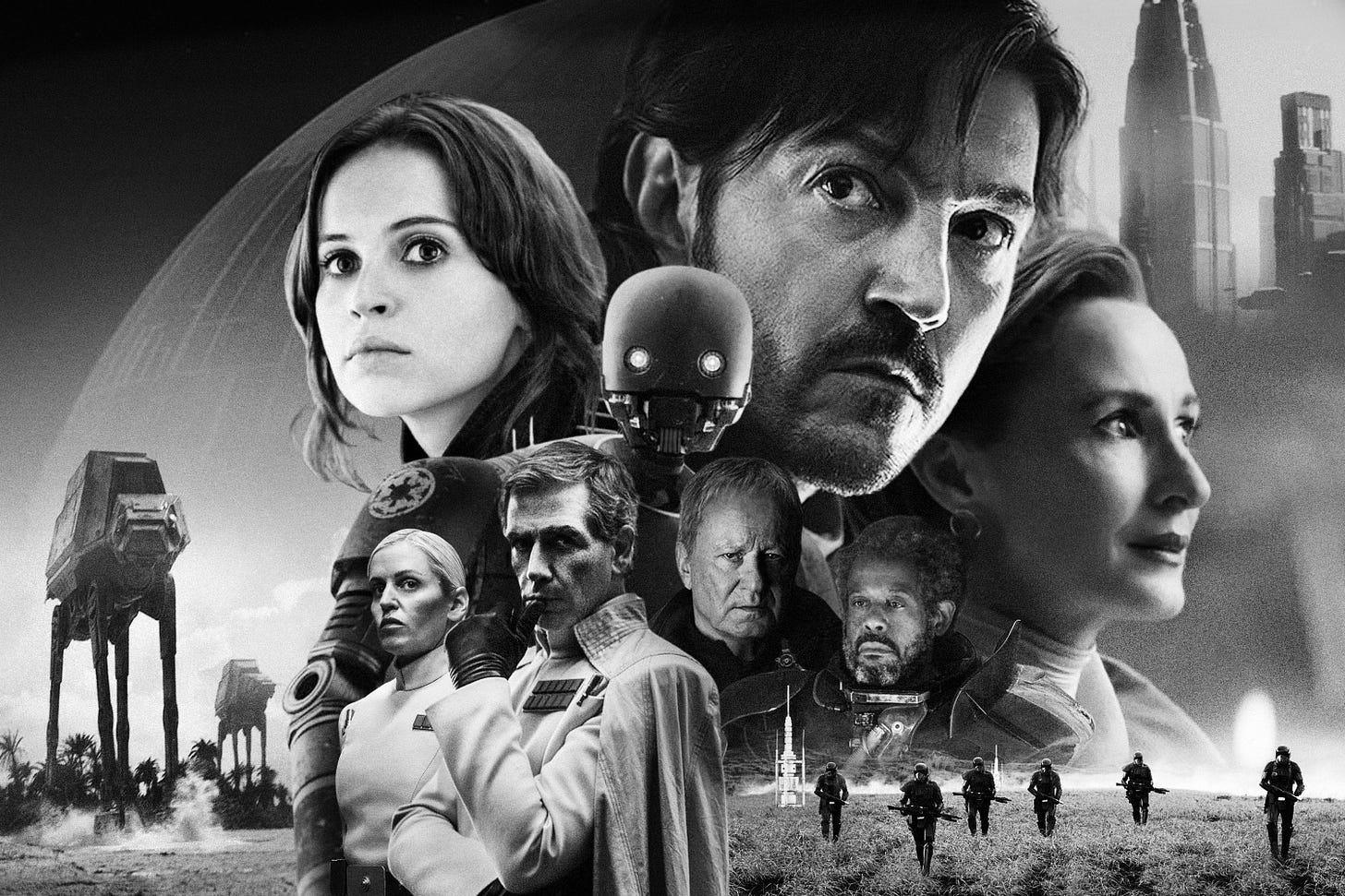 Black-and-white photo illustration collage of various characters from the movie Rogue One and the Disney+ series, Andor.