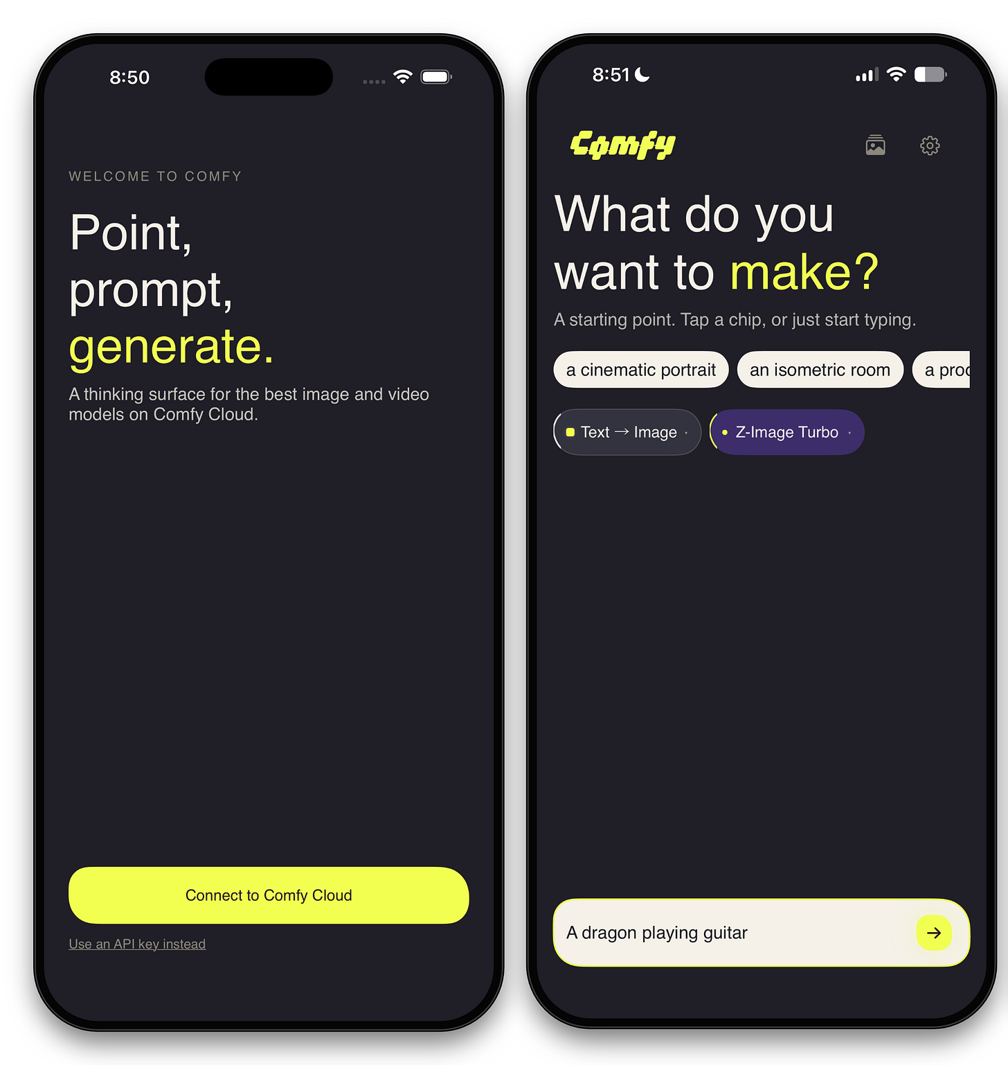 Comfy Go app: the welcome screen 'Point, prompt, generate' and the model-picker prompt screen. Comfy Go app: the welcome screen 'Point, prompt, generate' and the model-picker prompt screen.