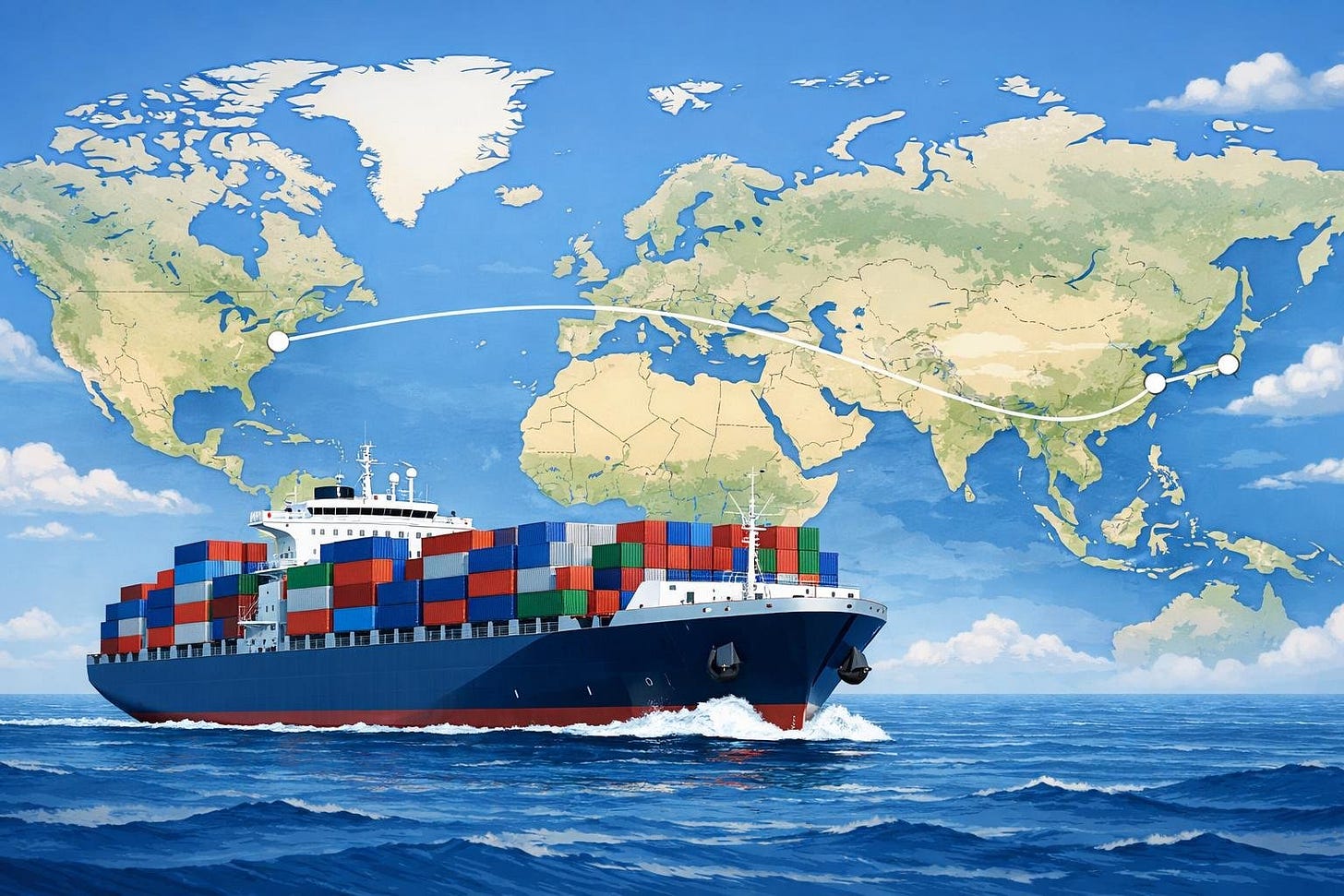 A cargo ship sailing across the ocean with a world map in the background showing a shipping route from Shanghai to New York. A cargo ship sailing across the ocean with a world map in the background showing a shipping route from Shanghai to New York.
