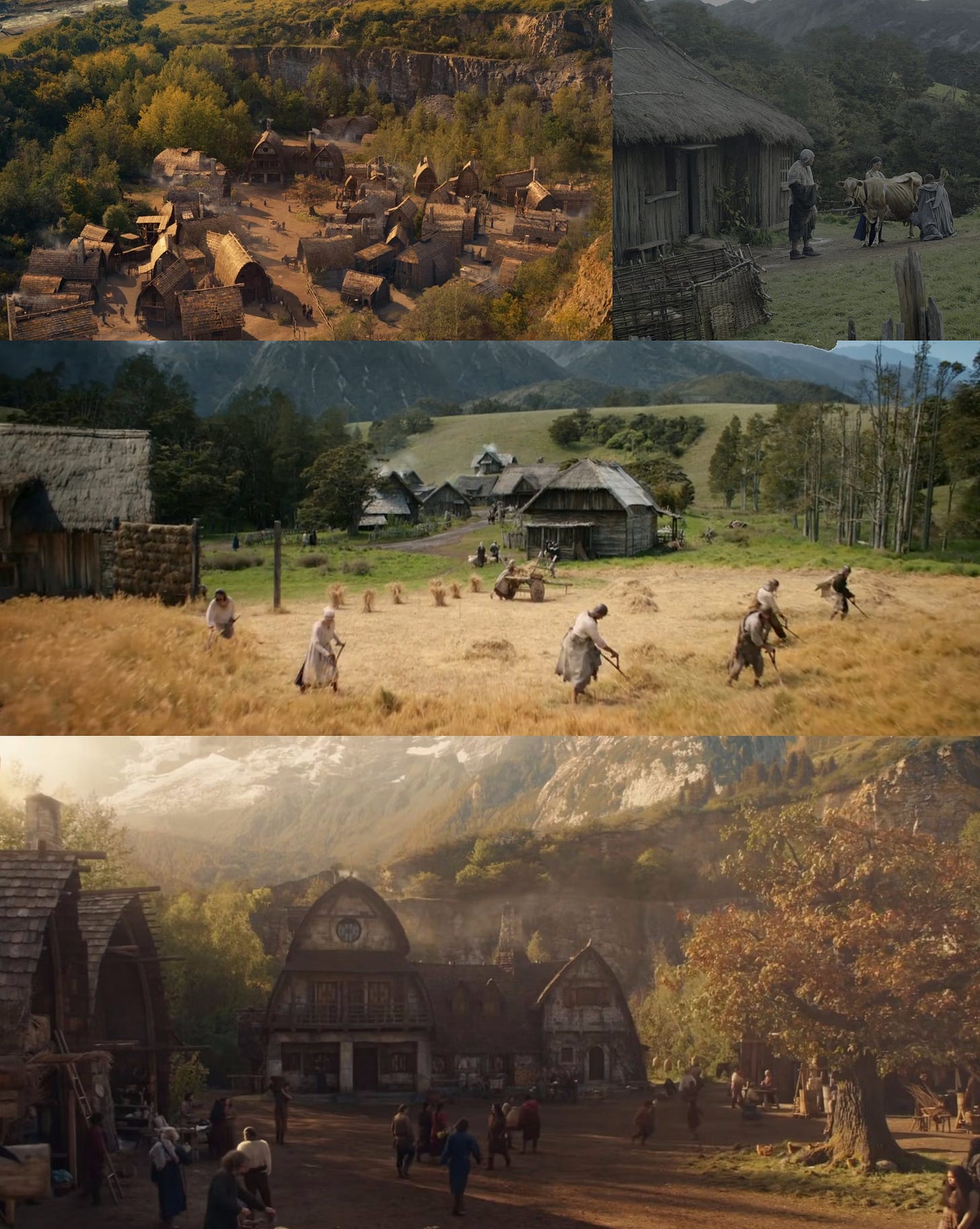 Four screenshots from the Rings of Power show and the Wheel of Time show that depict similar brown wood houses, black ground, golden grain, misty blue moutains and cows.
