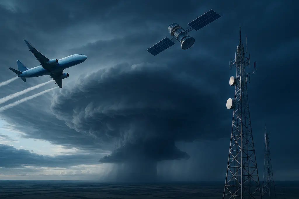 Paisagem com aviões de geoengenharia, nuvens alteradas e satélites monitorando clima.