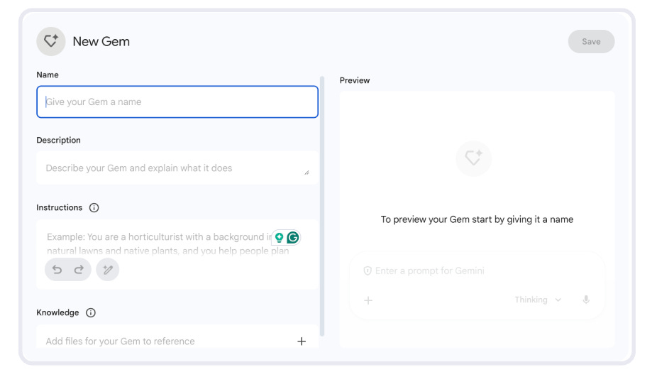 New Gem creation interface showing fields for Name, Description, Instructions, and Knowledge with preview panel