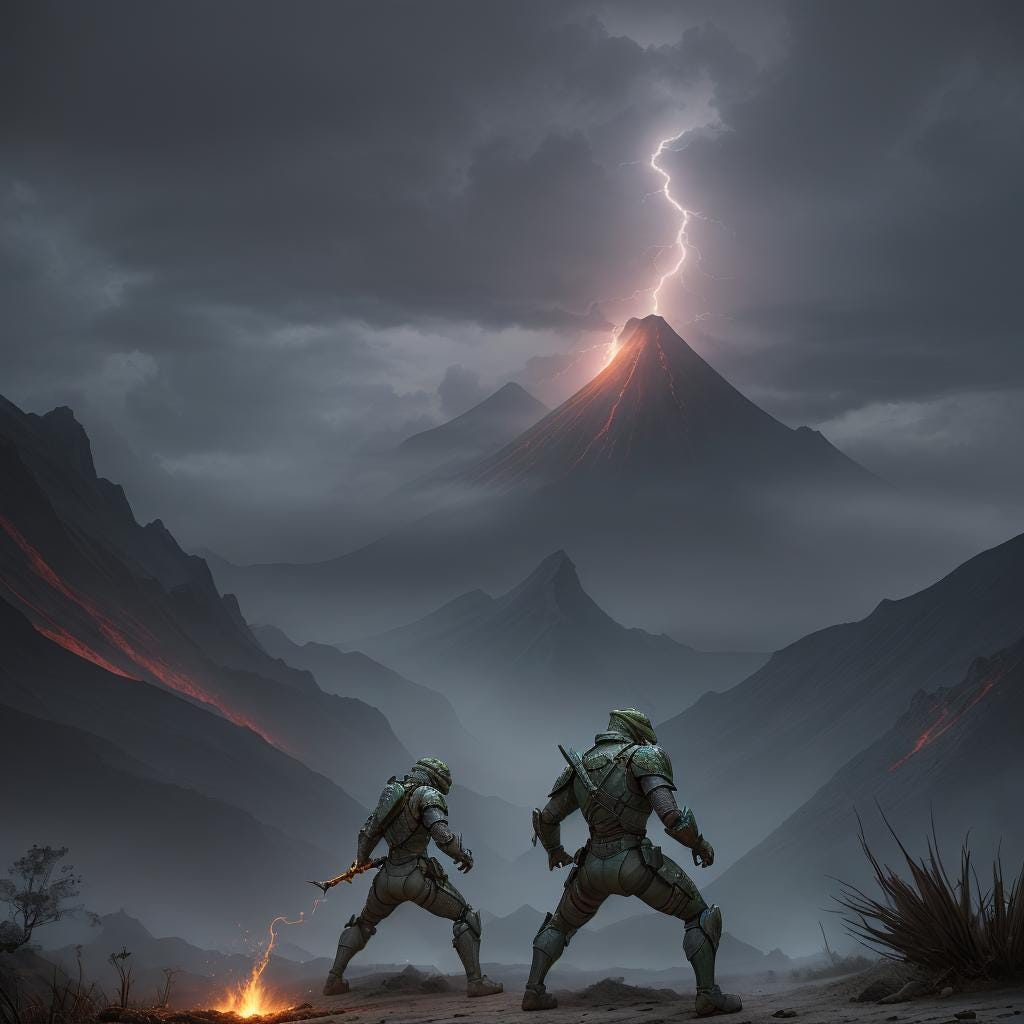 Two armored vlizard-soldiers climbing the side of a volcano, and lightning strikes the ground in the back. Two armored vlizard-soldiers climbing the side of a volcano, and lightning strikes the ground in the back.