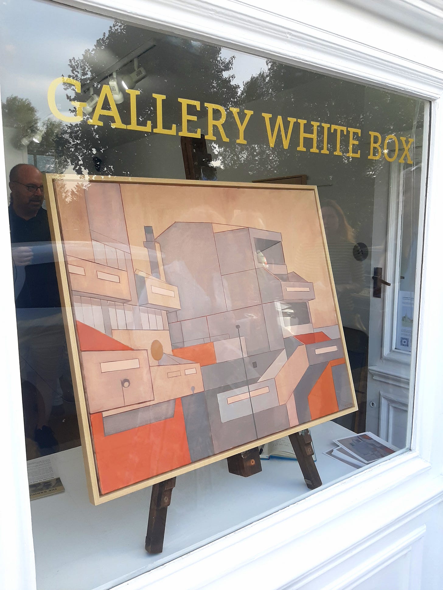 Lee Fether's painting, pictured in the window of Gallery White Box in South East London.