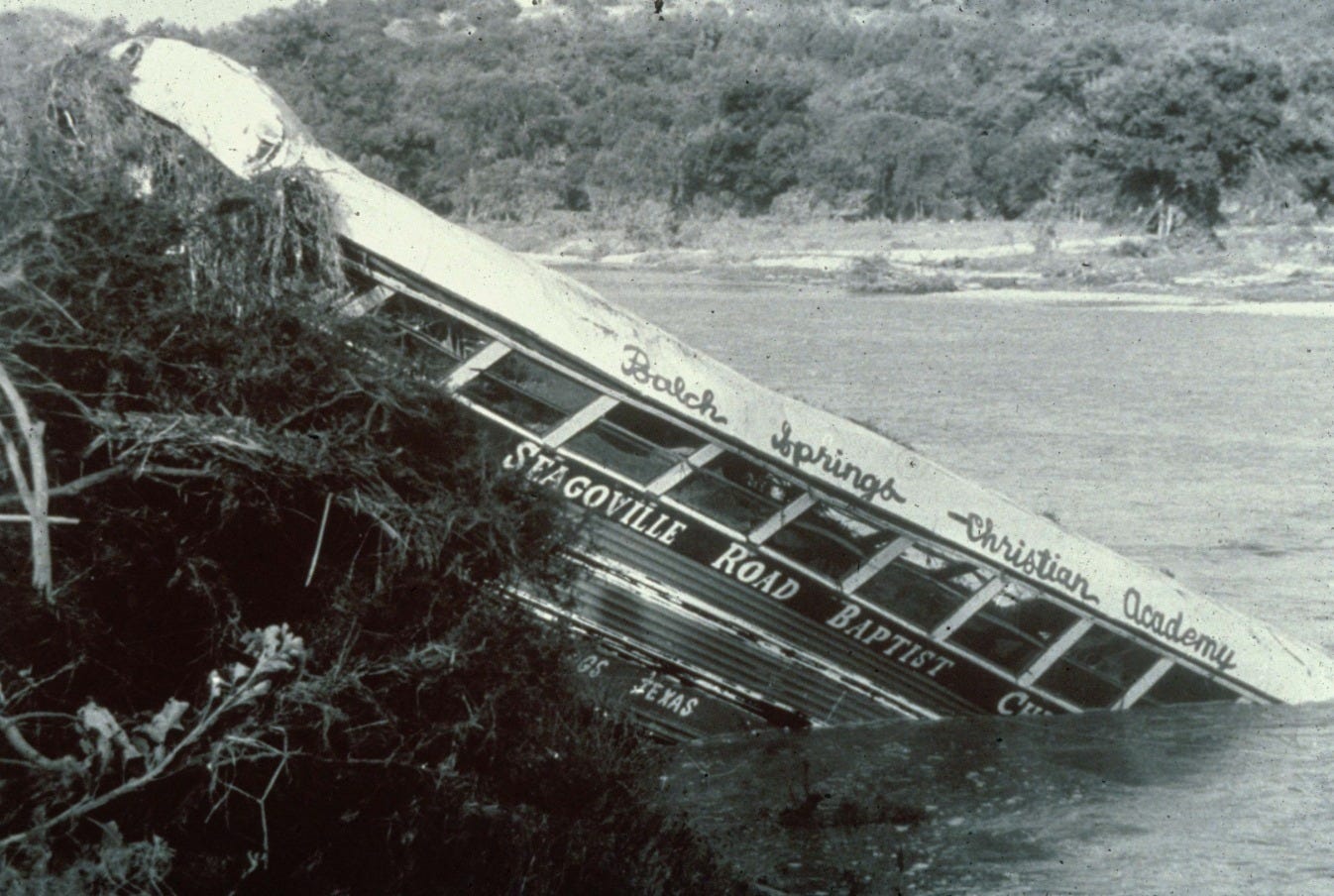 10 teenagers from a church camp drowned, and another 33 were rescued from Guadalupe River floodwaters in Kerr County (July 16, 1987).