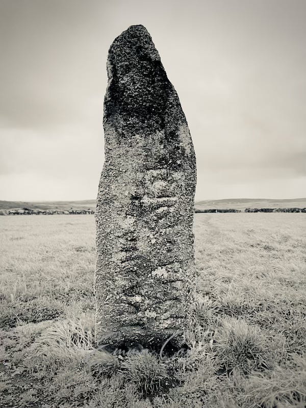 A black and white photograph of a standing stone with the words 'RIALOBRANI CVNOVALI' inscribed.