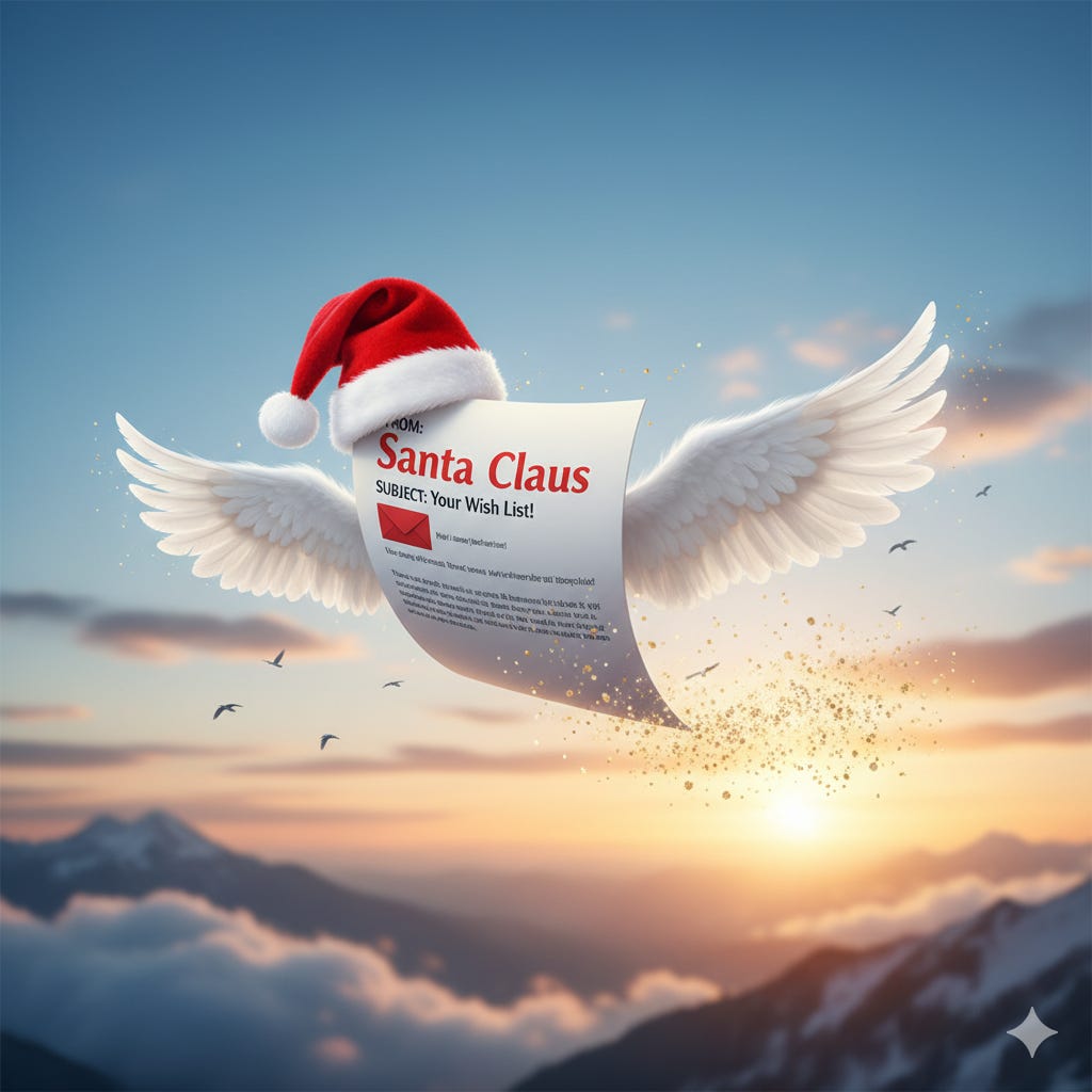 a printed email with wings and a Santa hat flying happily across the sky (marketing for writers)