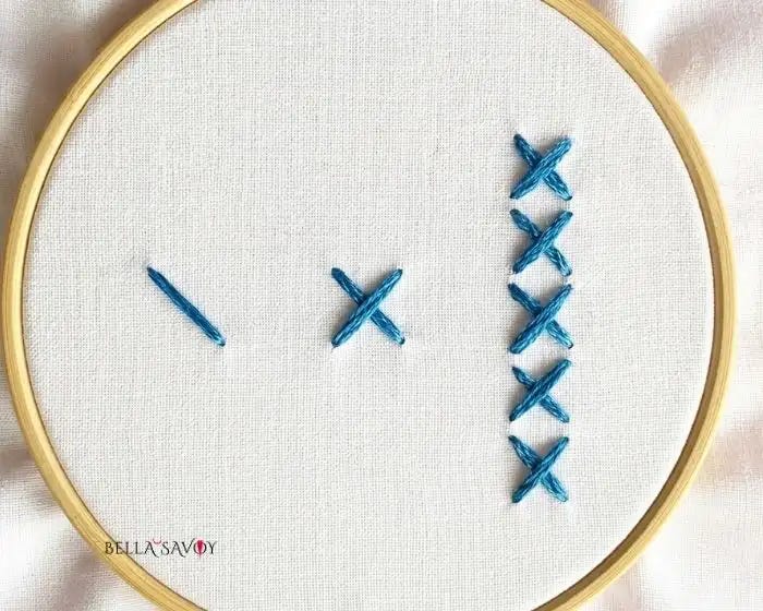 The Cross Stitch & Loop Stitch 61 steps for making the cross stitch in blue. Finished vertical cross stitch row on right, on hooped fabric