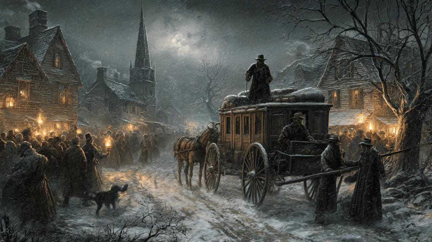 A snowy medieval village square crowded with torch-bearing townsfolk as a large wooden carriage arrives. Dark-cloaked figures, lantern-lit buildings, and a looming church steeple create an ominous, storm-filled atmosphere.