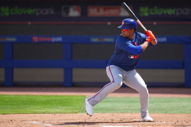 Juan Soto of the New York Mets at bat during spring training workouts at Clover Park on February 19, 2025 in Port St. Lucie, Florida.