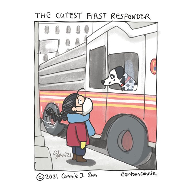 A cartoon girl with a face mask says hi to a Dalmation dog in a firetruck by waving her hair braid like a tail. Titled "Cutest First Responder," 2022, by Connie Sun, cartoonconnie.
