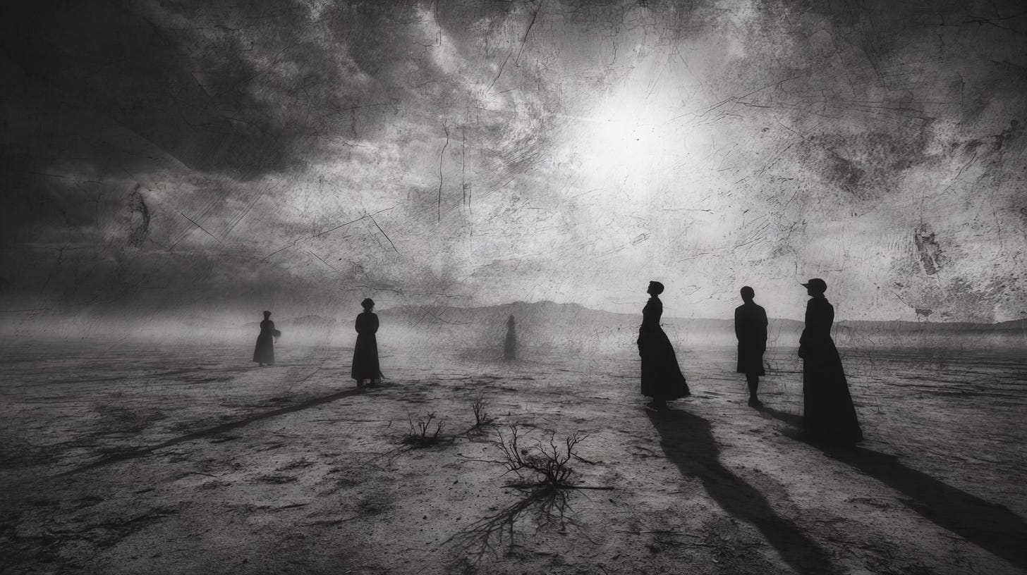 People stand in desert searching the sky for the sun.