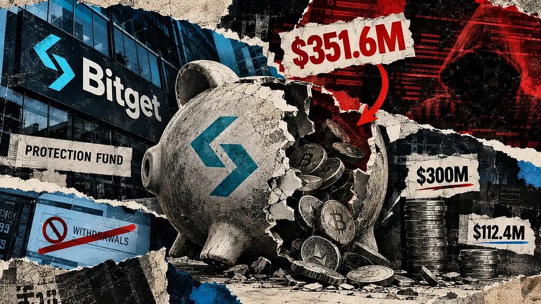 Bitget protection fund shown as a cracked reserve container after a $351.6 million breach, with $300 million and $112.4 million markers.