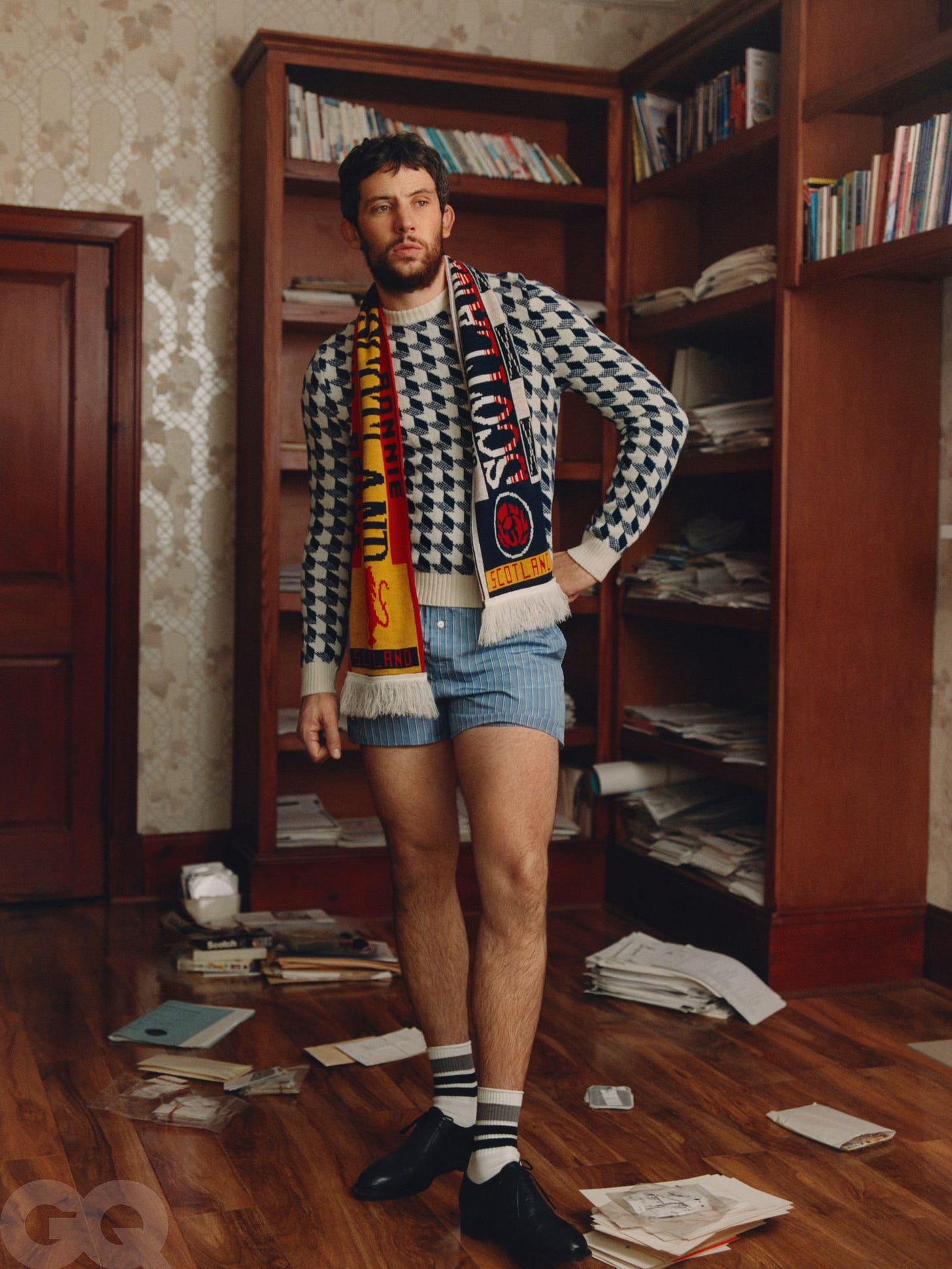 Sweater shorts socks and shoes by Dior. Scarf vintage from Ebay.