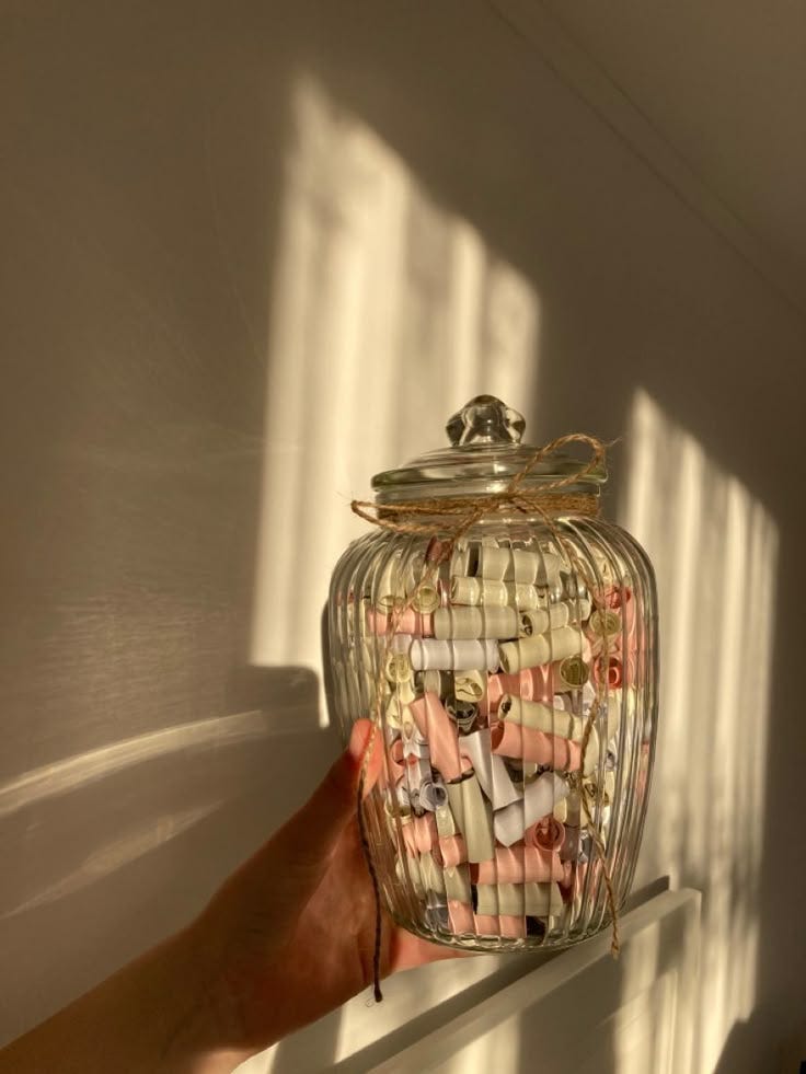 This may contain: a hand holding a jar filled with candy
