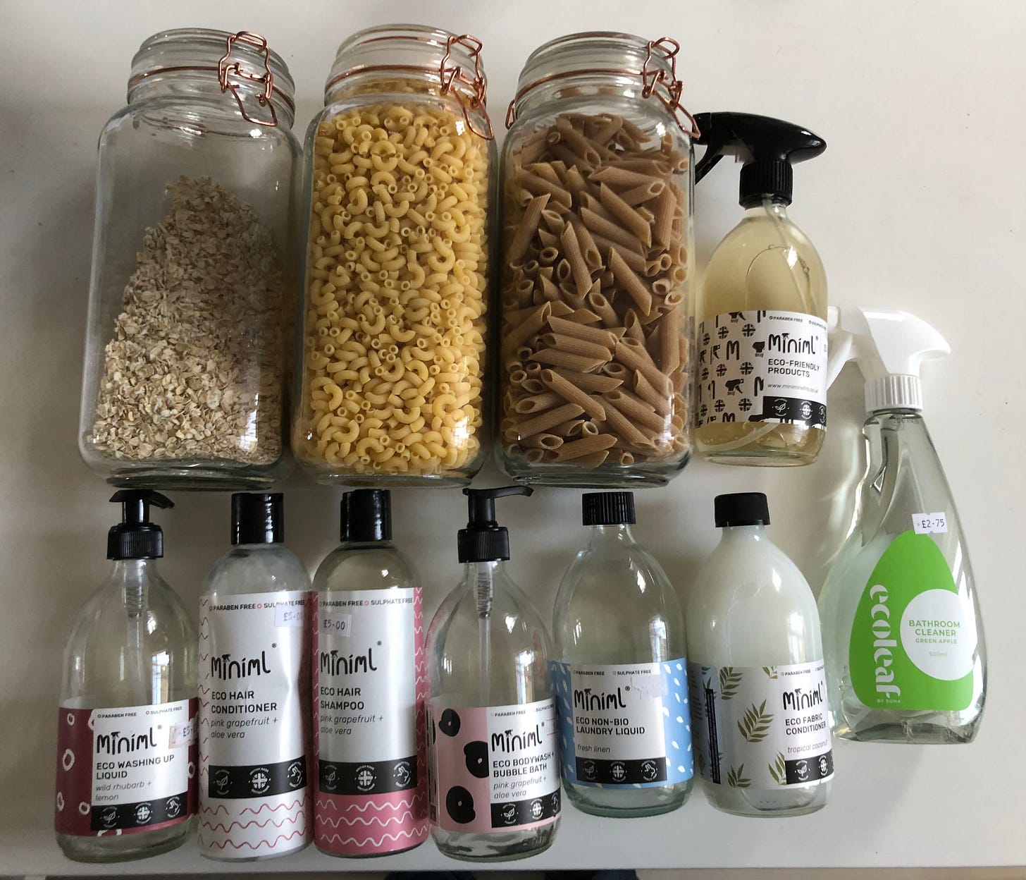 A picture of some glass jars with copper wire fastening their lids together with various plastic bottles, some with regular lids, some with push down plunger type lids, plus one bottle with a trigger type spray. Photographed against a white background. For details of what's in them see the text of the article, which lists them. A picture of some glass jars with copper wire fastening their lids together with various plastic bottles, some with regular lids, some with push down plunger type lids, plus one bottle with a trigger type spray. Photographed against a white background. For details of what's in them see the text of the article, which lists them.