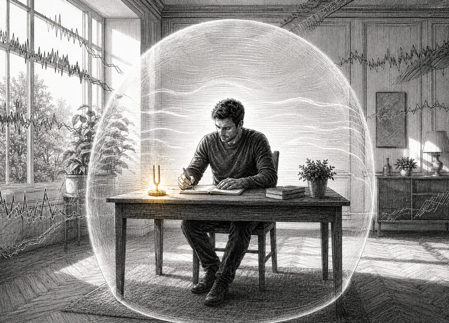 A man writes inside a transparent sound dome as jagged outside noise softens into ordered waves near a glowing tuning fork. A man writes inside a transparent sound dome as jagged outside noise softens into ordered waves near a glowing tuning fork.