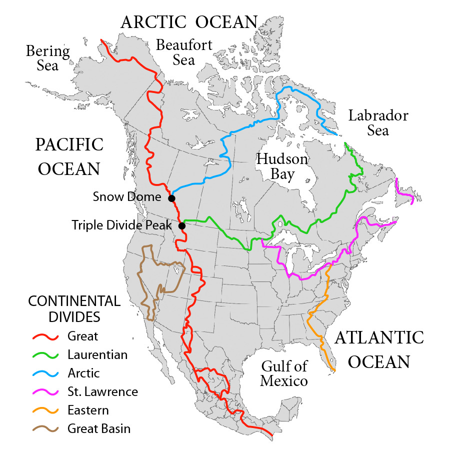 A MAP OF NORTH AMERICA, WITH SEAS LABELLED AND COLOURED LINES SHOWING THE MAJOR CONTINENTAL DIVIDES, AS DESCRIBED BELOW