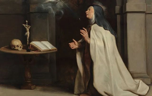 This may contain: a painting of a nun standing in front of a table with an open book on it