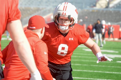 Wisconsin inside linebackers participate in individual position drills during the Badgers' spring football practice Saturday inside Camp Randall Stadium. 