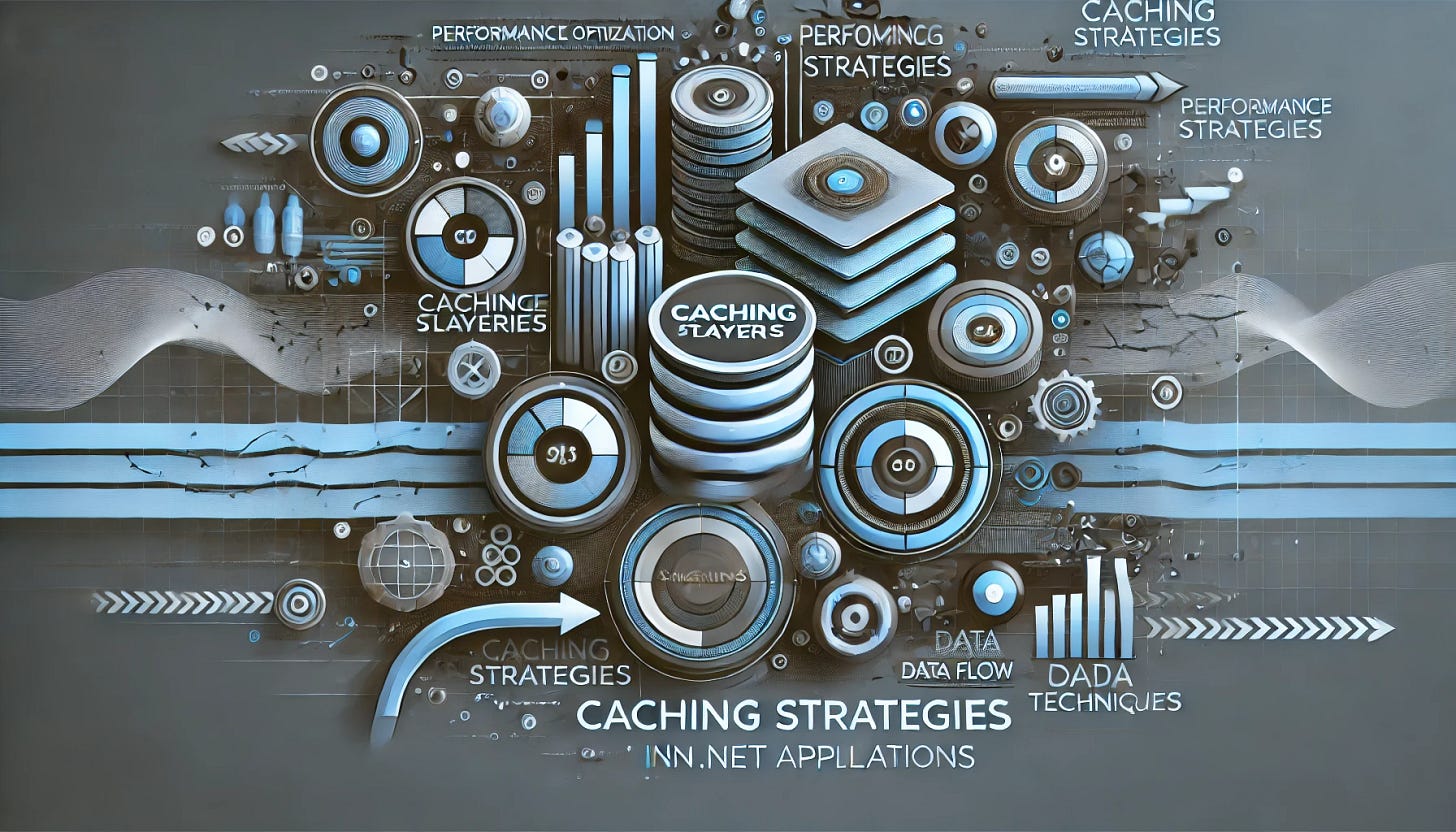 A visually engaging 16:9 banner image representing caching strategies in .NET applications. The design should include abstract visuals of caching layers, symbols like storage blocks, arrows, and data flow. Focus on modern, professional elements with cool tones like blue and gray to represent performance optimization and caching techniques. Avoid text and emphasize a clean, tech-inspired layout.