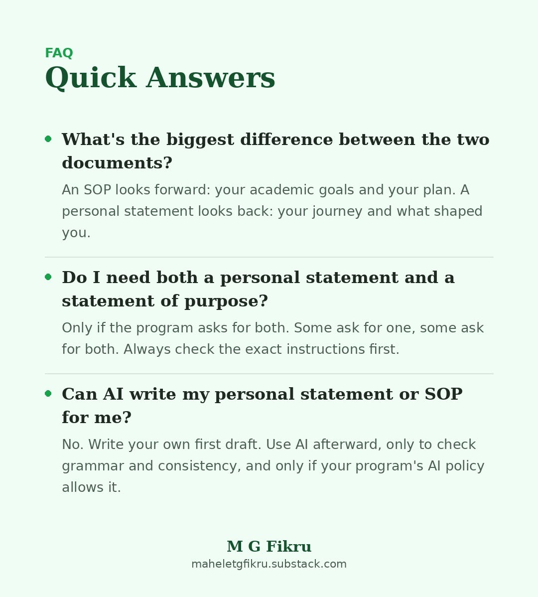 FAQ graphic: a statement of purpose looks forward and a personal statement looks back; write both only if the program asks; write your own first draft and use AI only to check grammar, if allowed.