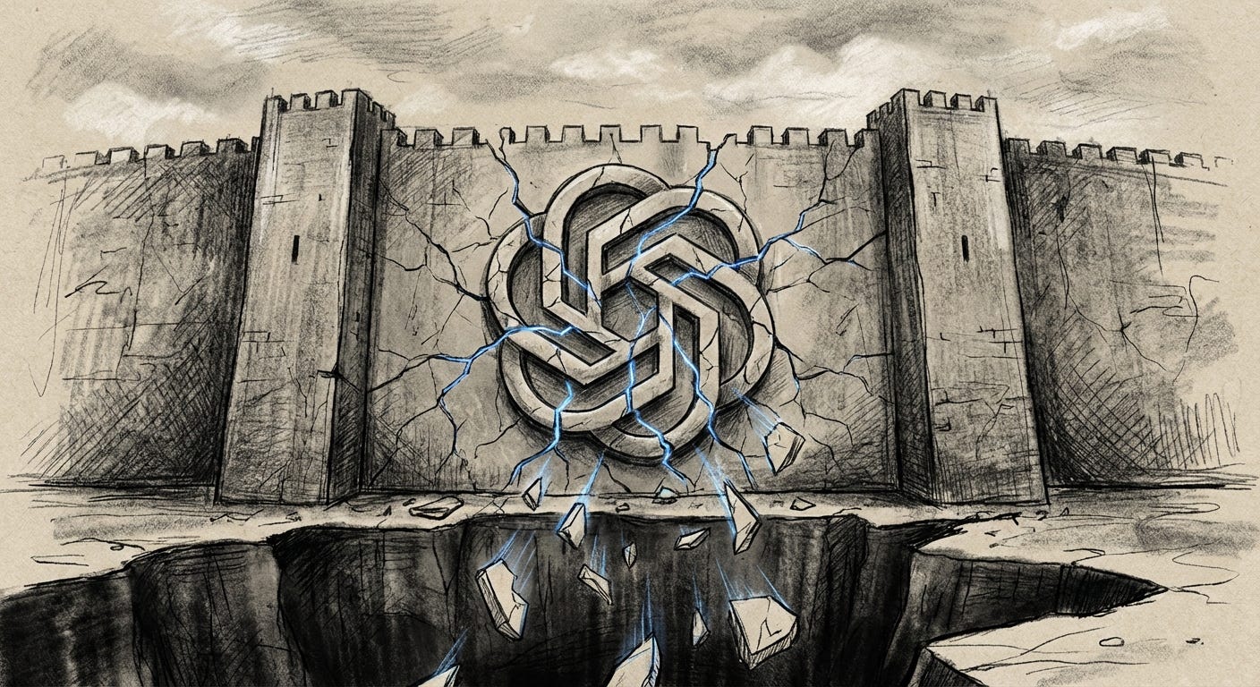 A hand-sketched, mixed-media drawing of a fortress wall featuring a massive, shattering OpenAI logo, with blue light leaking from the cracks.