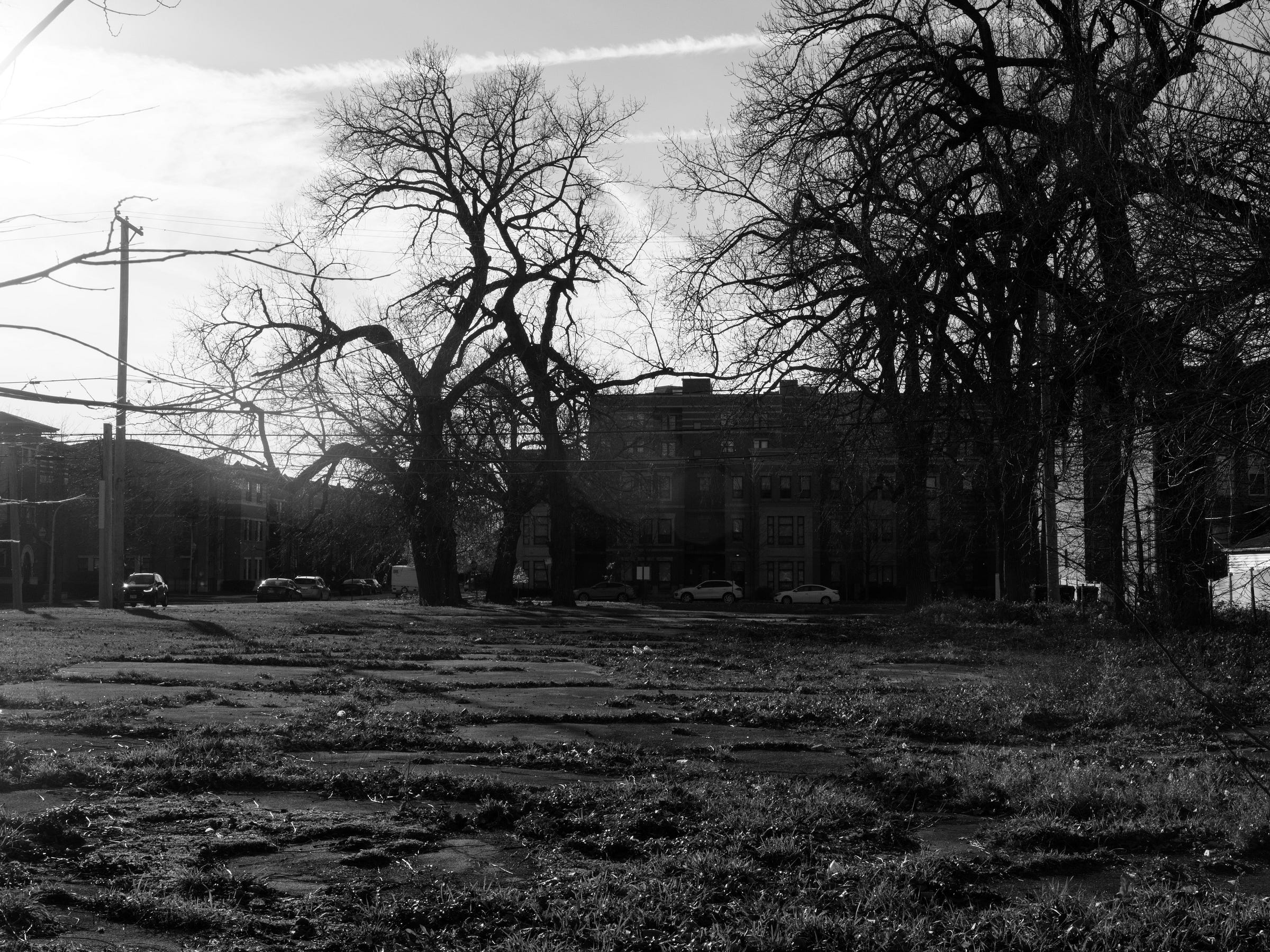 Black-and-white photo of abandoned lot in Bronzeville.