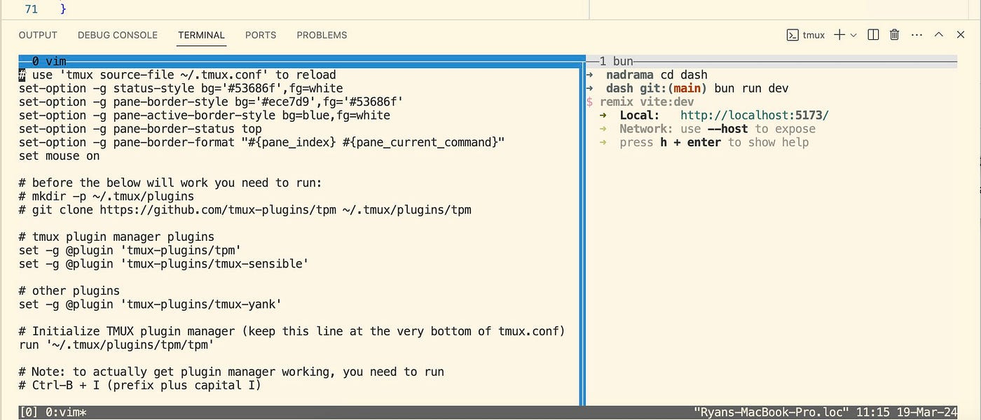 Screenshot of a Visual Studio Code terminal running tmux with two panes. The pane on the left 2/3rds is running vim editing a tmux.conf file, and the pane on the right is running a remix/vite dev server. In this screenshot each pane is titled with its index and the current running process. The active pane is highlighted with a blue border. There’s also a title bar on the terminal footer showing the active pane title on the left, and the current host, time, and date on the right.