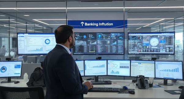Professional Indian banking executive in formal business suit standing in modern bank operations center, overseeing AI-powered customer service technology. Multiple computer monitors displaying customer service dashboards, call center analytics, and AI voice assistant interfaces. Modern banking environment with glass offices, digital displays showing customer satisfaction metrics, and professional staff working at workstations. Executive has confident leadership posture, looking at advanced technology screens. Clean, corporate banking atmosphere with blue and white color scheme reflecting financial institution branding. Professional Indian banking executive in formal business suit standing in modern bank operations center, overseeing AI-powered customer service technology. Multiple computer monitors displaying customer service dashboards, call center analytics, and AI voice assistant interfaces. Modern banking environment with glass offices, digital displays showing customer satisfaction metrics, and professional staff working at workstations. Executive has confident leadership posture, looking at advanced technology screens. Clean, corporate banking atmosphere with blue and white color scheme reflecting financial institution branding.