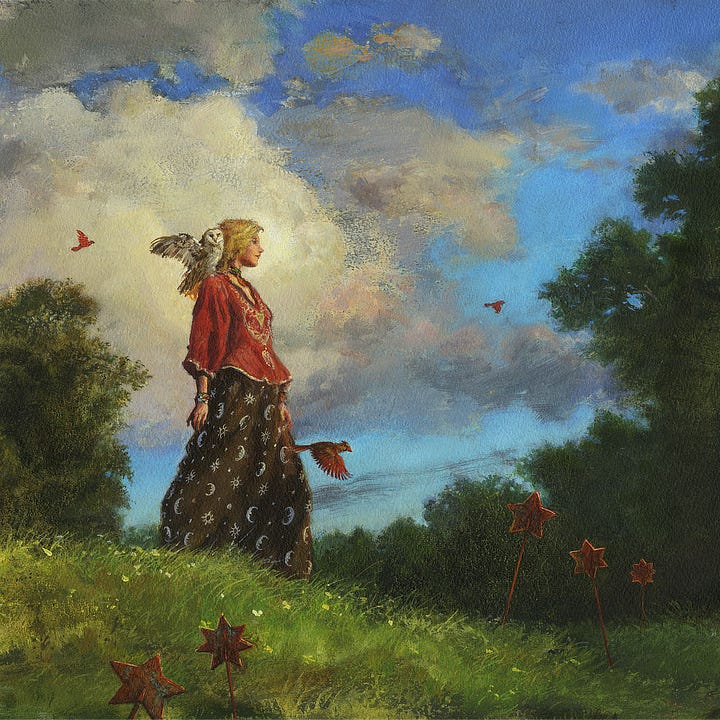 LEFT: Detail from PASSING BY featuring a woman strolling across a field overgrown with wild grass that is nearly glowing in the sunlight. Her torso is framed by billowing white clouds. RIGHT: Figure detail from PASSING BY featuring a woman wearing a long black dress decorated with astronomical icons (crescent moons and wavy suns). The gold pattern on the front of her red tunic matches blonde hair that falls past her shoulders. A white owl perches on her shoulder with wings spread and beak turned toward the audience. A red-feathered bird flaps past at thigh height.
