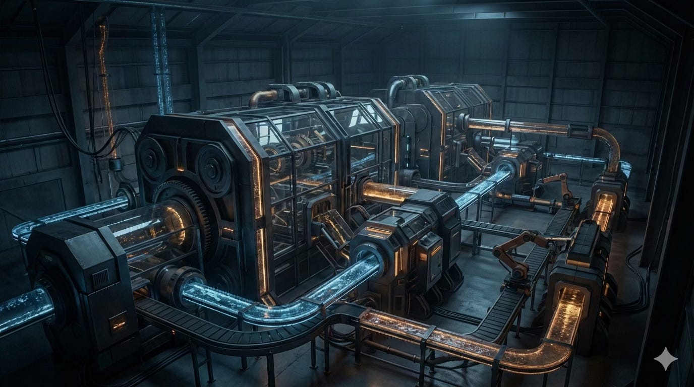 An autonomous, industrial-scale system adjusting itself in real time, with inputs flowing in and outputs shifting continuously, shown in a dark, minimalist environment with no human operators present.