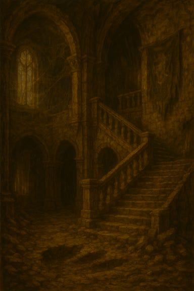 A dark fantasy image of the foyer of Argynvostholt, the ruined fortress in Barovia. The grand stone chamber is cracked and shadowed, with a sweeping staircase partially collapsed and draped in cobwebs. Faded tapestries hang from broken sconces, and a shattered chandelier lies in pieces on the dusty floor. Moonlight filters through a broken stained-glass window above the entrance, casting fractured colors across the rubble. The walls are lined with fluted columns and arched doorways leading deeper into the ruin. The atmosphere is solemn, eerie, and steeped in forgotten grandeur.