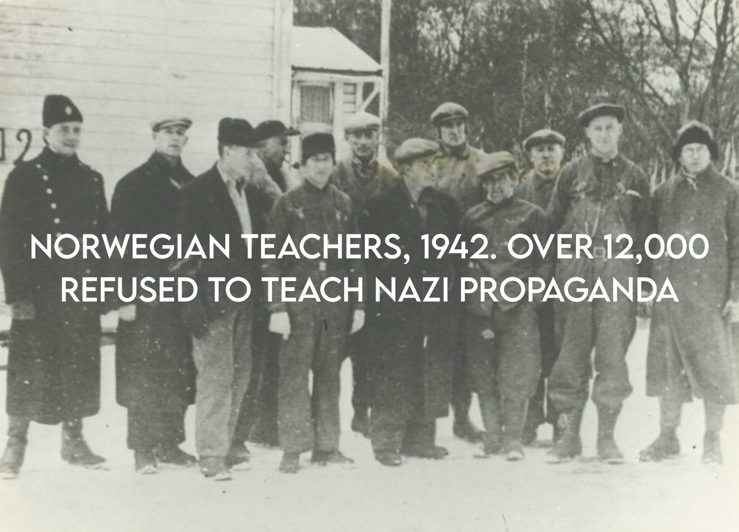 Historical black and white photograph of Norwegian teachers from 1942 who resisted Nazi occupation