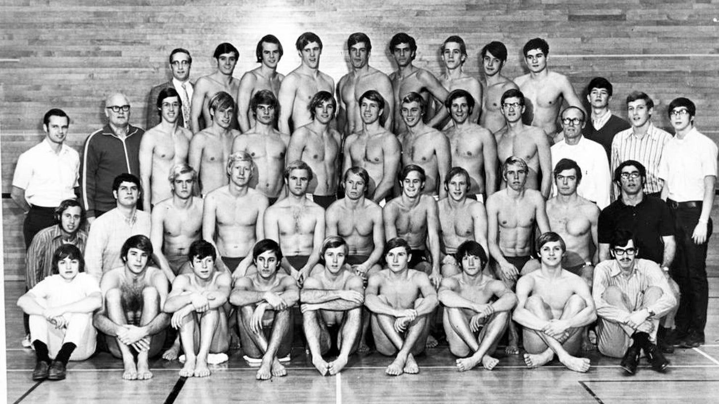 IU's 1970-71 swimming and diving NCAA champions. (Front Row, L to R) Manager Bobby Barlow, Dan Hylant, Gary James, Tom Eldridge, Lack Laughlin, Don Muir, Bob Matus, John Hager and John Wernet. (Second Row, L to R) Manager Larry Anspach, manager Pete Molby, Jack Horsley, Ulf Gustavsen, Duncan Scott, George Smith, Jim Bere, Doug Ward, Gary Hall, Barney Buddrus and manager Bobby Miller. (Third Row, L to R) Assistant coach George Klebez, head coach James Edward "Doc" Counsilman, Mike Stamm, Nick Gearheart, Roger Benson, Gary Conelly, Frank Smith, Bob Silver, Larry Barbiere, Dave Tanner, head diving coach Hobie Billingsley, manager Mike Meyer and manager Joe Skvara. (Fourth Row, L to R) Manager Mark Wallace, Pat O'Connor, Rich Anderson, John Kinsella, Bill Heiss, Mark Spitz, Pete Dahlberg, Bill Baird, Santiago Esteva and manager Paul Bresher. IU's 1970-71 swimming and diving NCAA champions. (Front Row, L to R) Manager Bobby Barlow, Dan Hylant, Gary James, Tom Eldridge, Lack Laughlin, Don Muir, Bob Matus, John Hager and John Wernet. (Second Row, L to R) Manager Larry Anspach, manager Pete Molby, Jack Horsley, Ulf Gustavsen, Duncan Scott, George Smith, Jim Bere, Doug Ward, Gary Hall, Barney Buddrus and manager Bobby Miller. (Third Row, L to R) Assistant coach George Klebez, head coach James Edward "Doc" Counsilman, Mike Stamm, Nick Gearheart, Roger Benson, Gary Conelly, Frank Smith, Bob Silver, Larry Barbiere, Dave Tanner, head diving coach Hobie Billingsley, manager Mike Meyer and manager Joe Skvara. (Fourth Row, L to R) Manager Mark Wallace, Pat O'Connor, Rich Anderson, John Kinsella, Bill Heiss, Mark Spitz, Pete Dahlberg, Bill Baird, Santiago Esteva and manager Paul Bresher.
