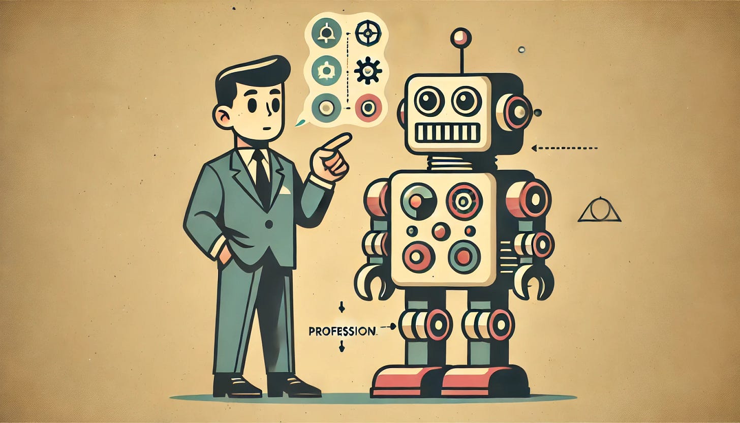 A 1960s-style 2D cartoon robot in a simple, professional setting. The robot has a retro, industrial design with sharp lines and mechanical features, giving it a more serious look while maintaining a playful tone. The robot is standing in a minimalistic room with flat colors and bold shapes, looking surprised and slightly confused as it receives a complex instruction, with symbols or thought bubbles representing the task. The overall vibe is vintage, with a humorous twist, suitable for professionals while avoiding a childish appearance.